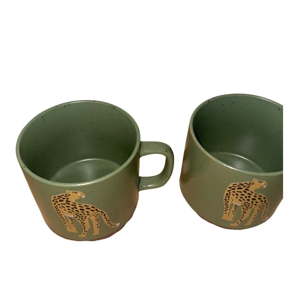 Set Of 2 Green Ceramic Cheetah Print Coffee Mugs - 3.5" Tall & 4" Diameter - Picture 2 of 5